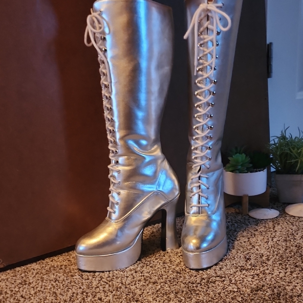 Silver Knee-High Platform Boots